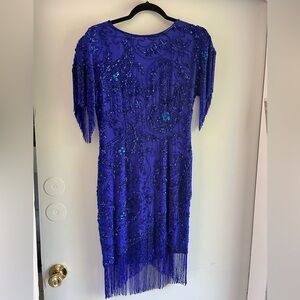 VTG Oleg Cassini Black Tie Beaded, sequin, fringe Cocktail Dress, Blue, Size 4